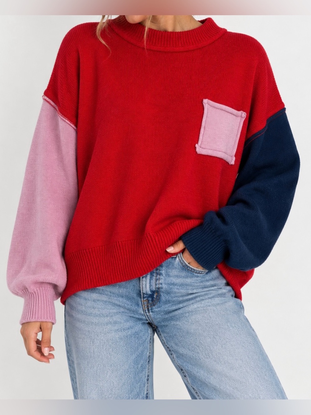 POL Red, Pink & Navy Colorblock Crewneck Oversized Cotton Sweater - Size S
